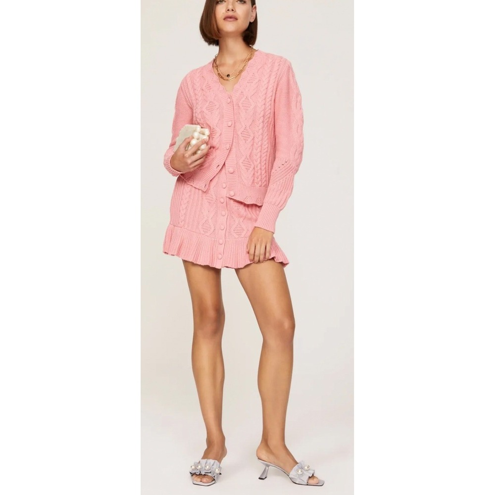 LoveShackFancy Anselma Cardigan Gabella Mini Skirt Set Pink Cable Knit Set Sz S